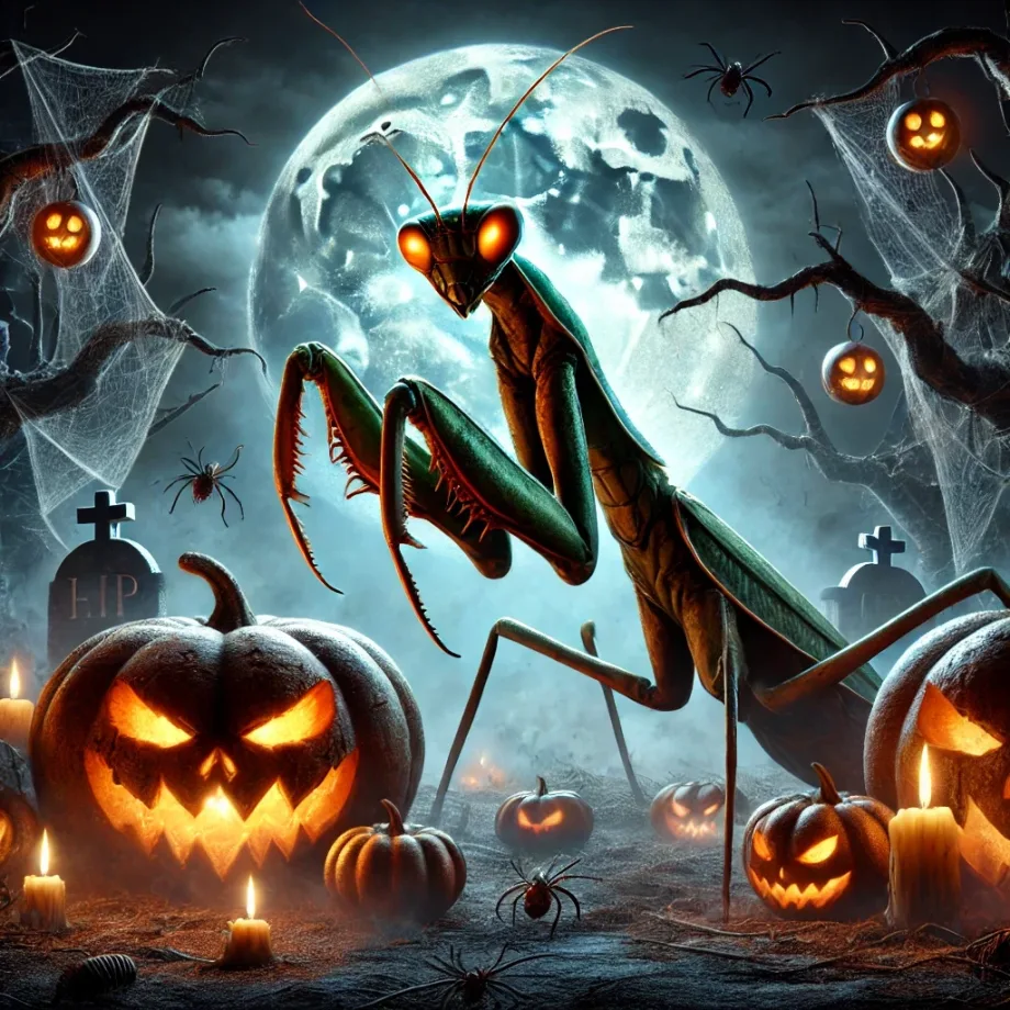 KI-generiertes Bild: Gottesanbeterin vor Vollmond mit Halloween-Kürbissen und Spinnen